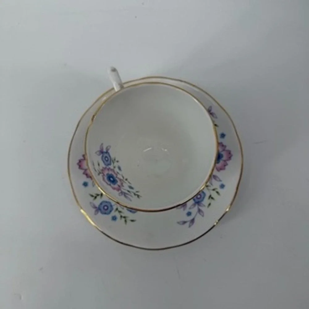 Avon Blue Blossoms Tea Cup and Saucer Set Fine Bone China England 1974 Vintage